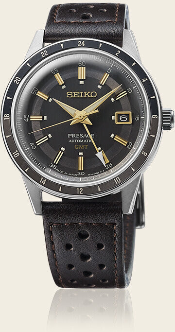 Seiko Presage Style 60 Fume Grey Dial GMT Men's Dark Brown Leather Strap Watch SSK013J1