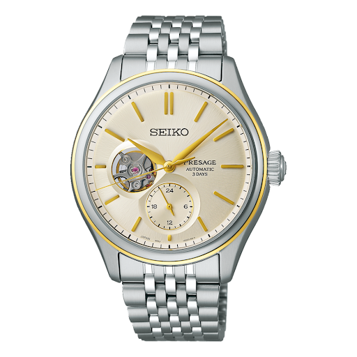 Seiko Presage Shiroiro Classic Series 2-Tone Gold Plated Stainless Steel Open Heart Men's Watch SPB480J1