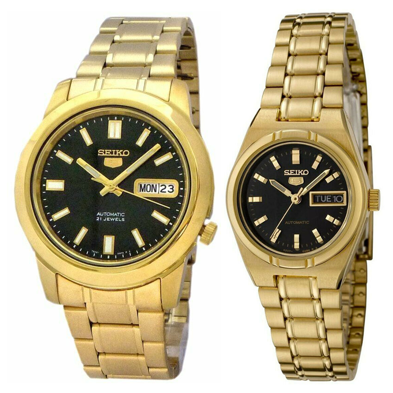 Seiko Classic Black Dial Couple's Gold Plated Stainless Steel Watch Set SNKK22K1+SYM602K1