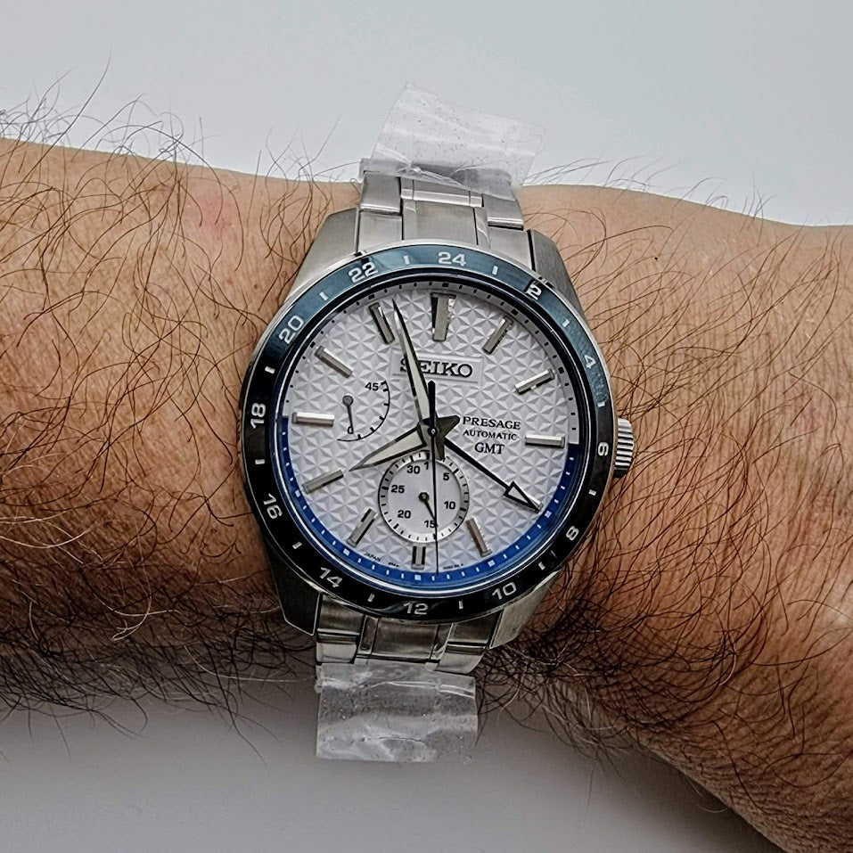 Seiko Presage Sharp Edged Series Limited Edition Asanoha White GMT Men's Stainless Steel Watch SPB223J1