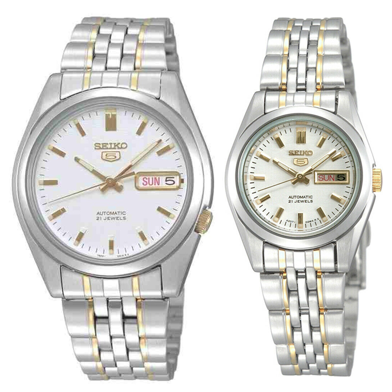 Seiko 5 Classic White Dial Couple's 2 tone Gold Plated Stainless Steel Watch Set SNK363K1+SYMA35K1 - Diligence1International