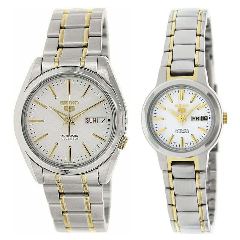 Seiko 5 Classic White Dial Couple s 2 tone Gold Plated Stainless