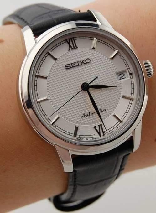 Seiko JAPAN Made Pre- Presage Silver Dial Ladies' Black Leather Strap Watch SRP861J1 - Diligence1International