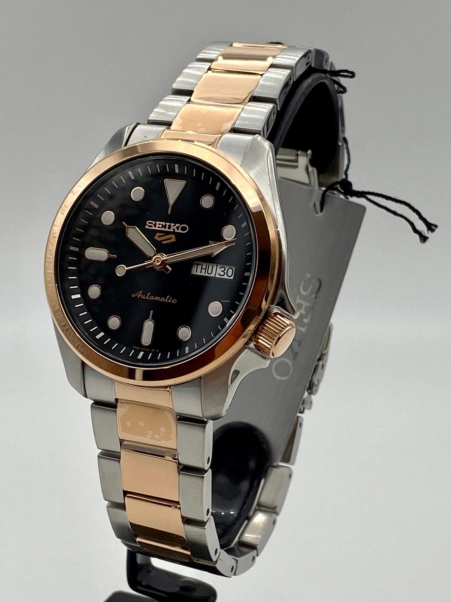 NEW Seiko 5 Sports 100M Automatic Men's Watch Black Dial 2 Tone Rose Gold Plated SRPE58K1 - Diligence1International