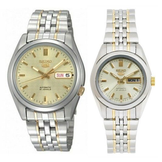 Seiko 5 Classic Gold+White Dial Couple's 2 tone Gold Plated Stainless Steel Watch Set SNK365K1+SYMA35K1 - Diligence1International