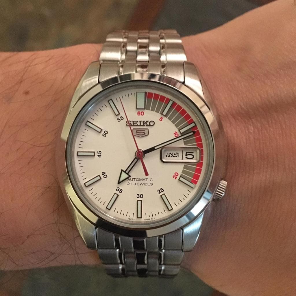 Seiko 5 Classic White Dial with Red Bar Couple's Stainless Steel Watch Set SNK369K1+SYMA41K1 - Diligence1International