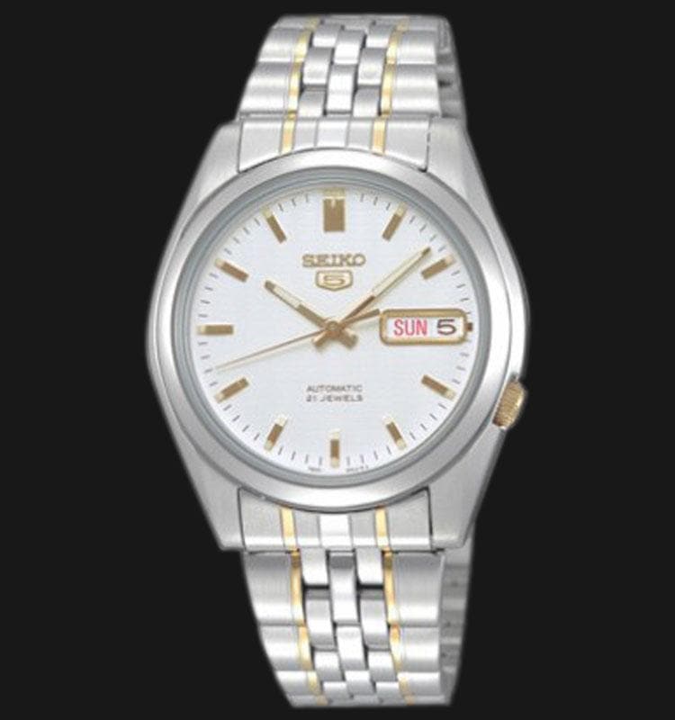 Seiko 5 Classic Mens Size White Dial 2 Tone Gold Plated Stainless Steel Strap Watch SNK363K1 - Diligence1International