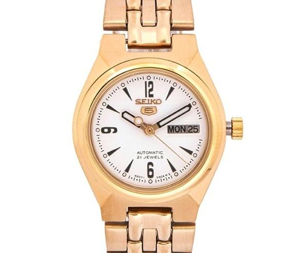 Seiko 5 Classic Ladies Size White Dial Gold Plated Stainless Steel Strap Watch SYMA22K1 - Diligence1International