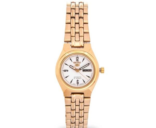 Seiko 5 Classic Ladies Size White Dial Gold Plated Stainless Steel Strap Watch SYMA22K1 - Diligence1International