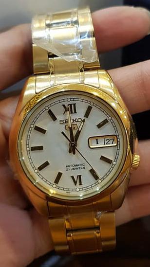 Seiko 5 Classic Mens Size White Dial Gold Plated Stainless Steel Strap Watch SNKL58K1 - Diligence1International