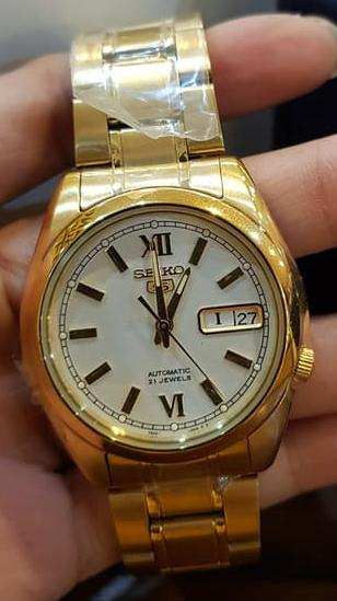 Seiko 5 Classic Mens Size White Dial Gold Plated Stainless Steel Strap Watch SNKL58K1 - Diligence1International