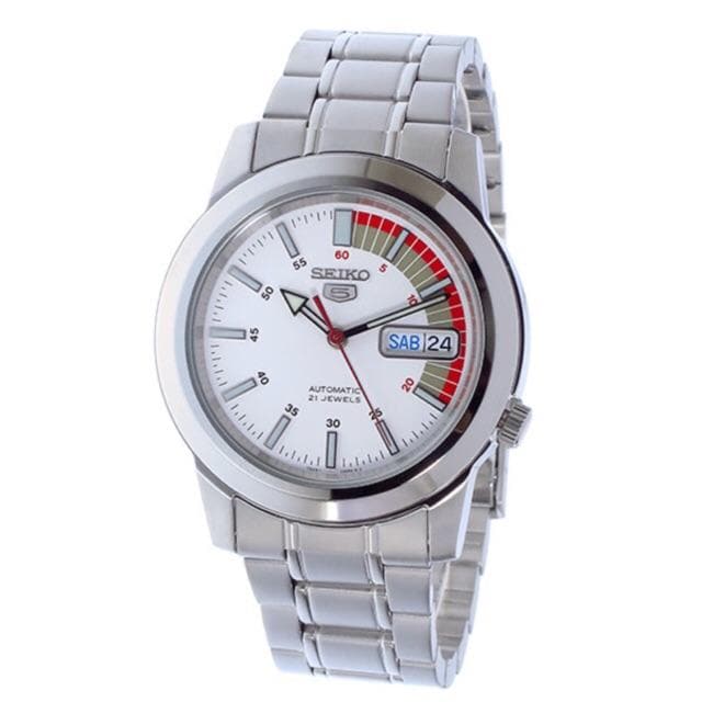 Seiko 5 Classic White Dial with Red Bar Couple's Stainless Steel Watch Set SNKK25K1+SYME39K1 - Diligence1International