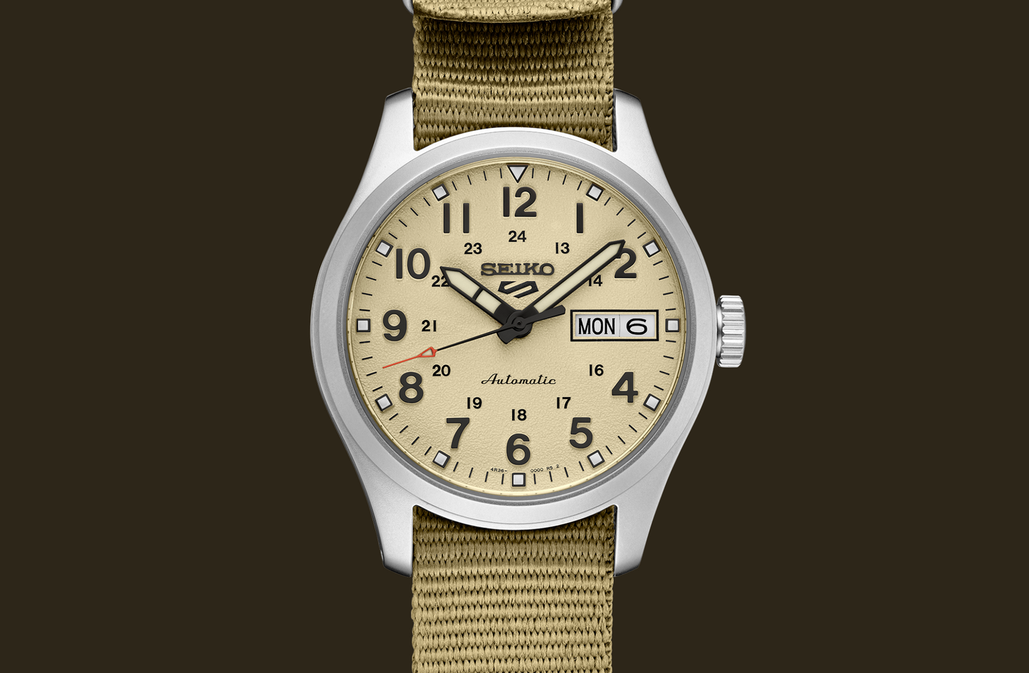 Seiko 5 100M Field Sports Style Sand Dial Automatic Nato Strap Watch SRPJ83K1
