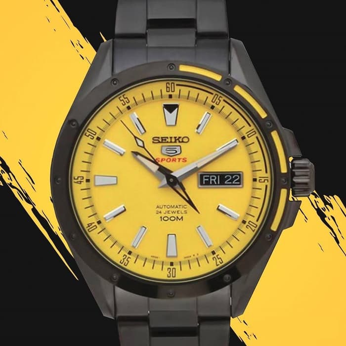 Seiko 5 Sports 100M Men's Yellow Dial Black PVD Stainless Strap Watch SRP159K1