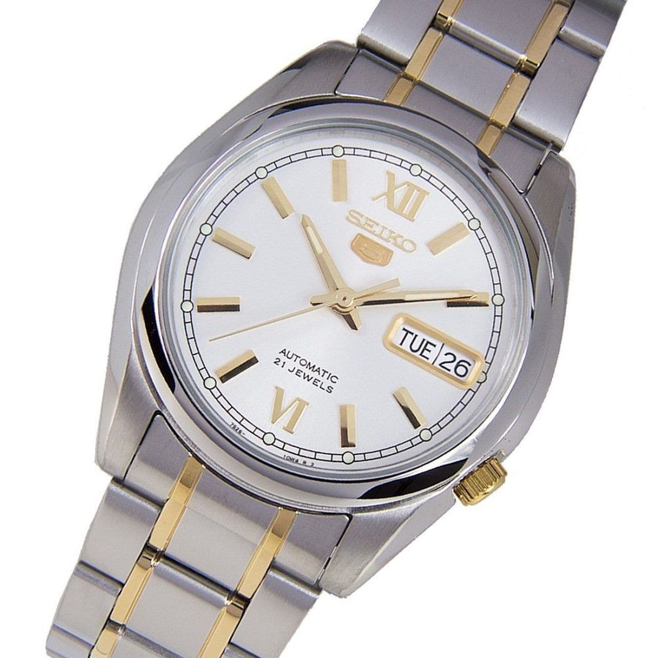 Seiko 5 Classic Mens Size Silver Dial 2 Tone Gold Plated Stainless Steel Strap Watch SNKL57K1 - Diligence1International