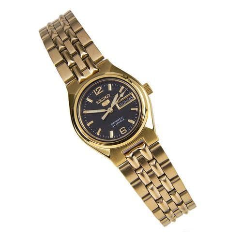 Seiko 5 Classic Ladies Size Black Dial Gold Plated Stainless Steel Strap Watch SYMK38K1 - Diligence1International