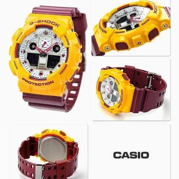Casio G-Shock Crazy Colors Red Skins Trojans Anadigi Yellow x Maroon x White Dial Watch GA100CS-9ADR - Diligence1International
