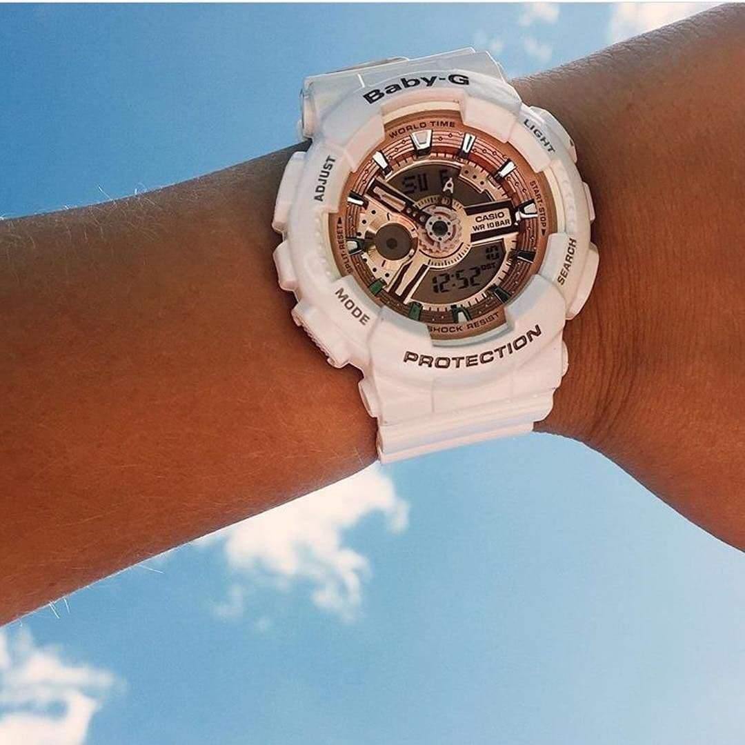 Casio Baby-G BA110 Series Analog-Digital White x Rose Gold Dial Watch BA110-7A1DR - Diligence1International