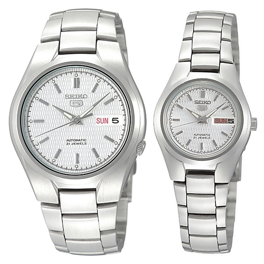 Seiko 5 Classic Silver Dial Couple's Stainless Steel Watch Set SNK601K1+SYMC07K1 - Diligence1International