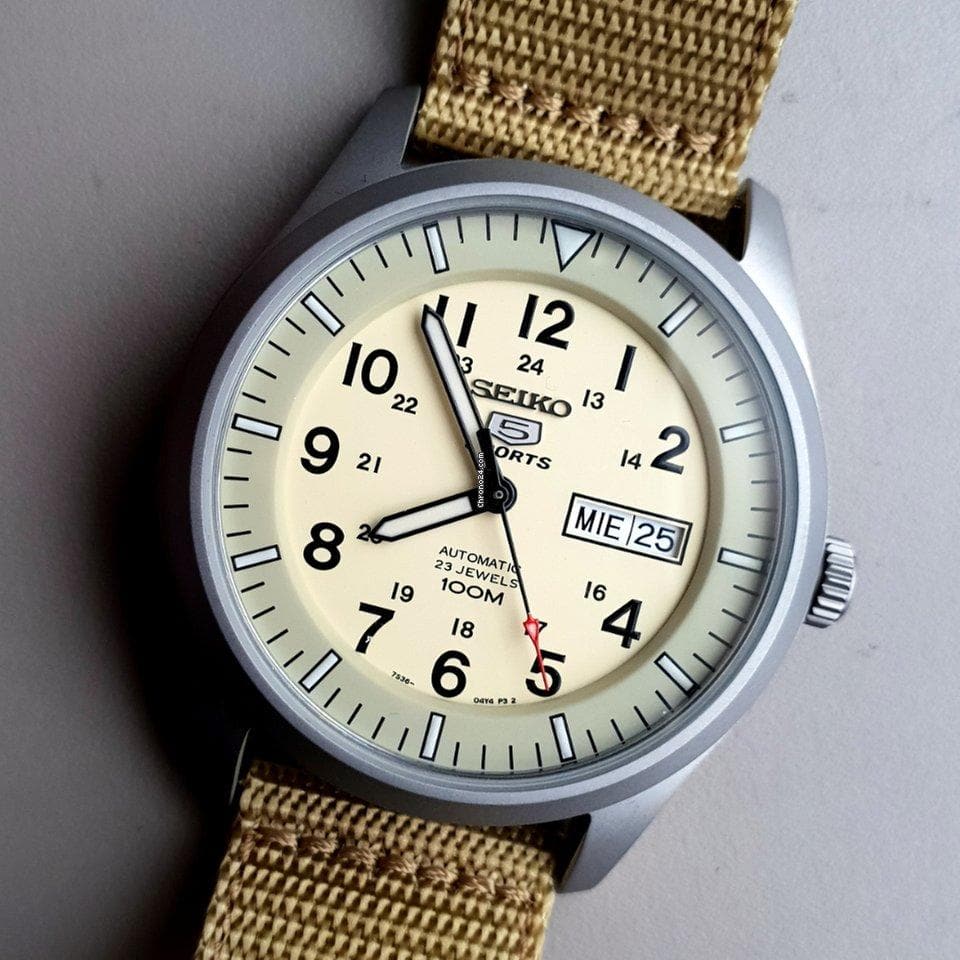 Seiko 5 Sports Military 100M Automatic Men's Watch Creme Tan Canvas Nylon Strap SNZG07K1 - Diligence1International