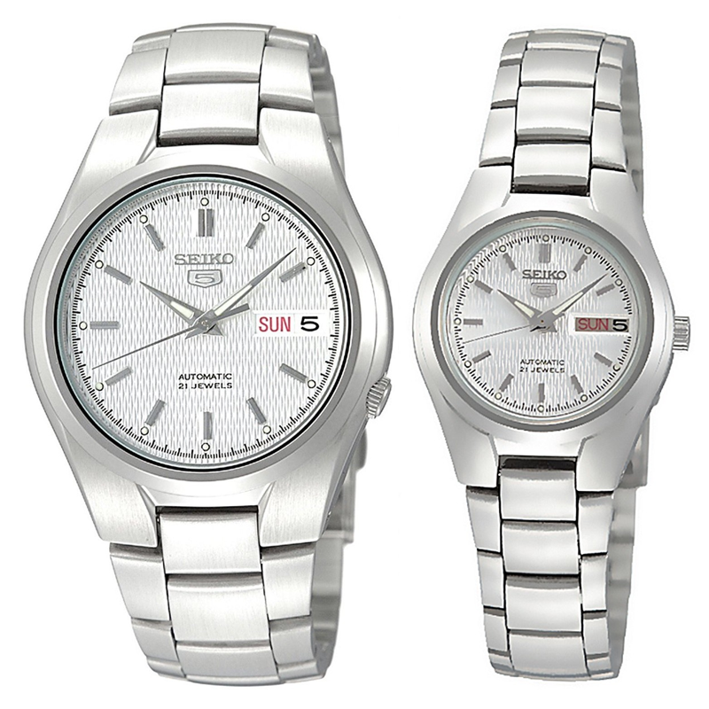 Seiko 5 Classic Silver Dial Couple s Stainless Steel Watch Set