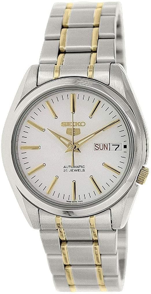 Seiko 5 Classic Mens Size White Dial 2 Tone Gold Plated Stainless Steel Strap Watch SNKL47K1 - Diligence1International