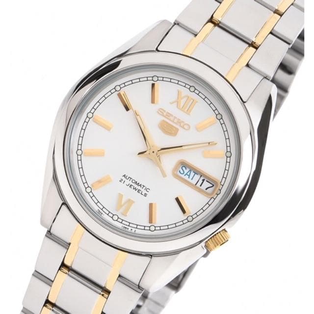 Seiko 5 Classic Mens Size Silver Dial 2 Tone Gold Plated Stainless Steel Strap Watch SNKL57K1 - Diligence1International