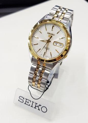 Seiko 5 Classic Mens Size Silver Dial 2 Tone Gold Plated Stainless Steel Strap Watch SNKL24K1 - Diligence1International