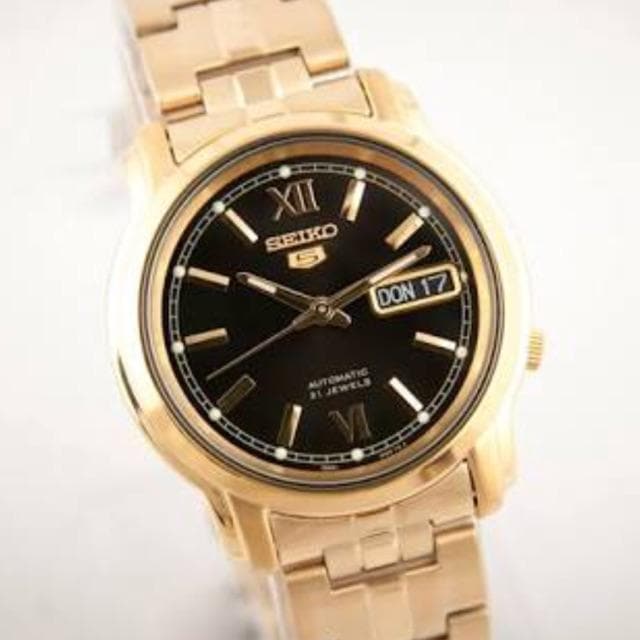 Seiko 5 Classic Mens Size Black Dial Gold Plated Stainless Steel Strap Watch SNKK86K1 - Diligence1International