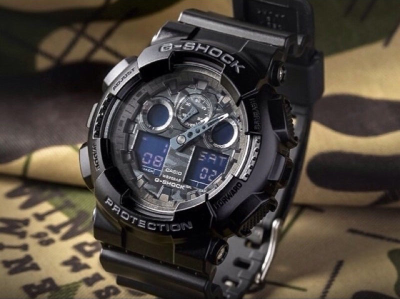 Casio G-Shock Military All Black Stealth Camo Print Dial Watch GA100CF-1ADR