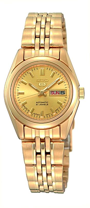 Seiko 5 Classic Ladies Size Gold Dial Gold Plated Stainless Steel Strap Watch SYMA38K1 - Diligence1International
