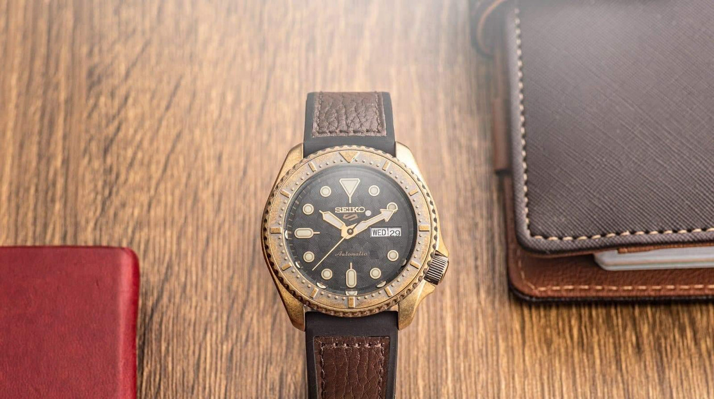 NEW Seiko 5 Sports 100M Automatic Men's Patterned Black Dial Bronze Plated Case Leather Strap Watch SRPE80K1 - Diligence1International