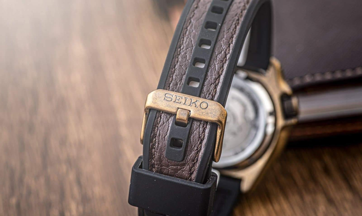 NEW Seiko 5 Sports 100M Automatic Men's Patterned Black Dial Bronze Plated Case Leather Strap Watch SRPE80K1 - Diligence1International