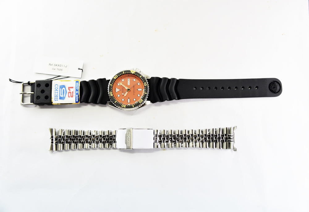 Seiko Japan Made Orange SKX 200M Diver's Men's Rubber+ALL Stainless Steel Jubilee Bracelet Watch SKX011J1 SET - Diligence1International