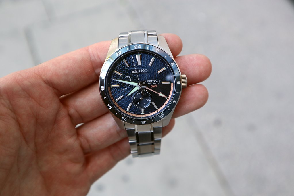 Seiko Japan Made Presage Sharp Edged Series Aitetsu Blue GMT Men's Stainless Steel Watch SPB217J1