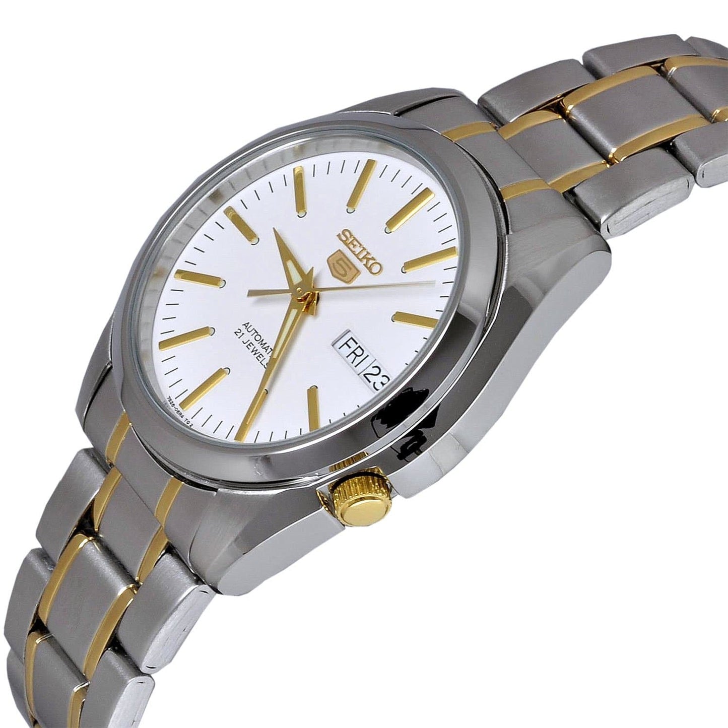 Seiko 5 Classic Mens Size White Dial 2 Tone Gold Plated Stainless Steel Strap Watch SNKL47K1 - Diligence1International