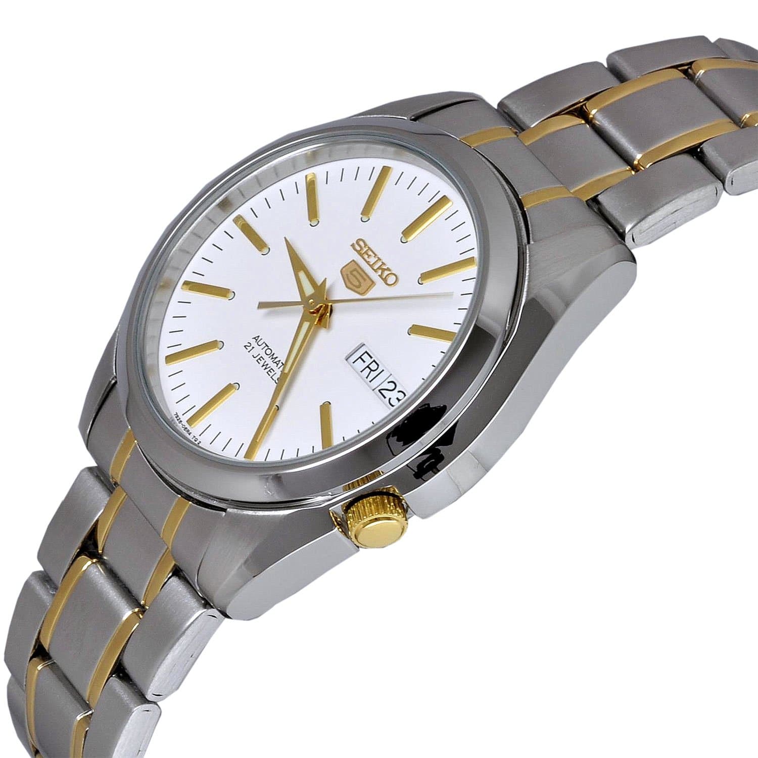 Seiko 5 Classic Mens Size White Dial 2 Tone Gold Plated Stainless Steel Strap Watch SNKL47K1 - Diligence1International