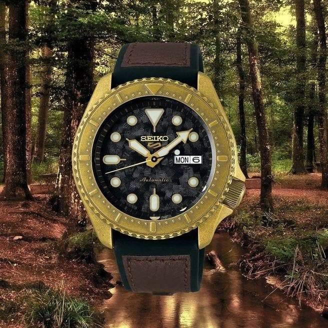 NEW Seiko 5 Sports 100M Automatic Men's Patterned Black Dial Bronze Plated Case Leather Strap Watch SRPE80K1 - Diligence1International