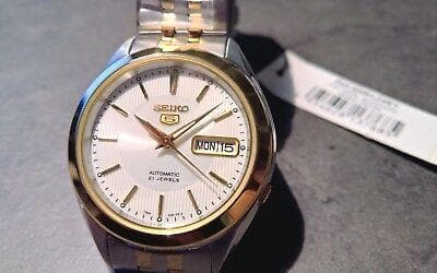 Seiko 5 Classic Mens Size Silver Dial 2 Tone Gold Plated Stainless Steel Strap Watch SNKL24K1 - Diligence1International