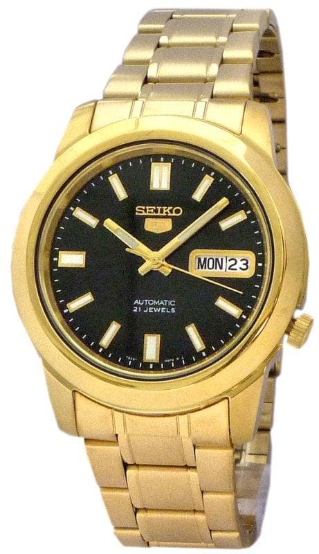 Seiko 5 Classic Mens Size Black Dial Gold Plated Stainless Steel Strap Watch SNKK22K1 - Diligence1International