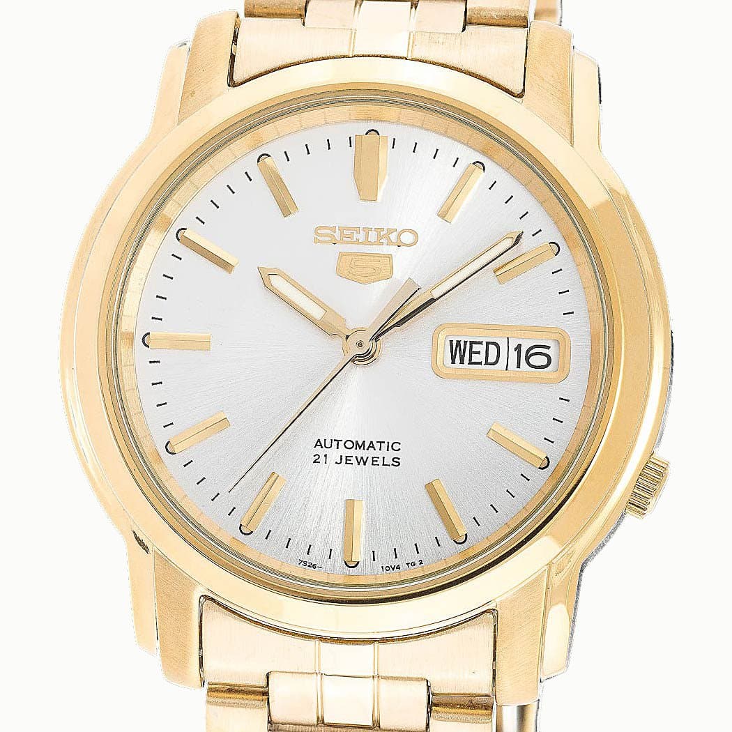 Seiko 5 Classic Mens Size Silver Dial Gold Plated Stainless Steel Strap Watch SNKK74K1 - Diligence1International