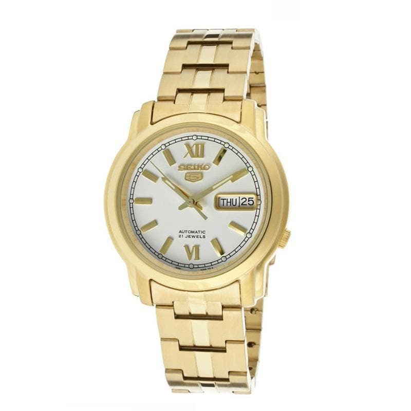 Seiko 5 Classic Mens Size White Dial Gold Plated Stainless Steel Strap Watch SNKK84K1 - Diligence1International