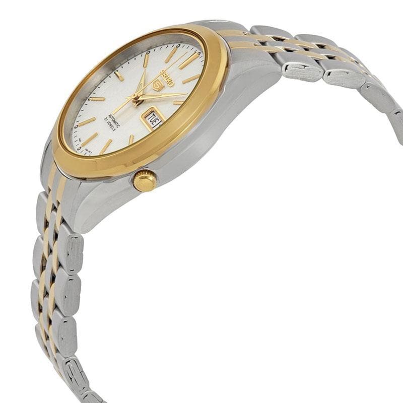Seiko 5 Classic Mens Size Silver Dial 2 Tone Gold Plated Stainless Steel Strap Watch SNKL24K1 - Diligence1International
