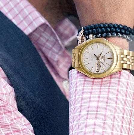 Seiko 5 Classic Mens Size White Dial Gold Plated Stainless Steel Strap Watch SNKL26K1 - Diligence1International