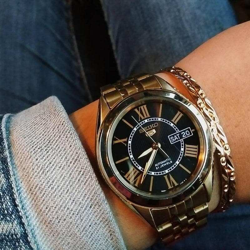 Seiko 5 Classic Mens Size Black Dial Gold Plated Stainless Steel Strap Watch SNKL40K1 - Diligence1International
