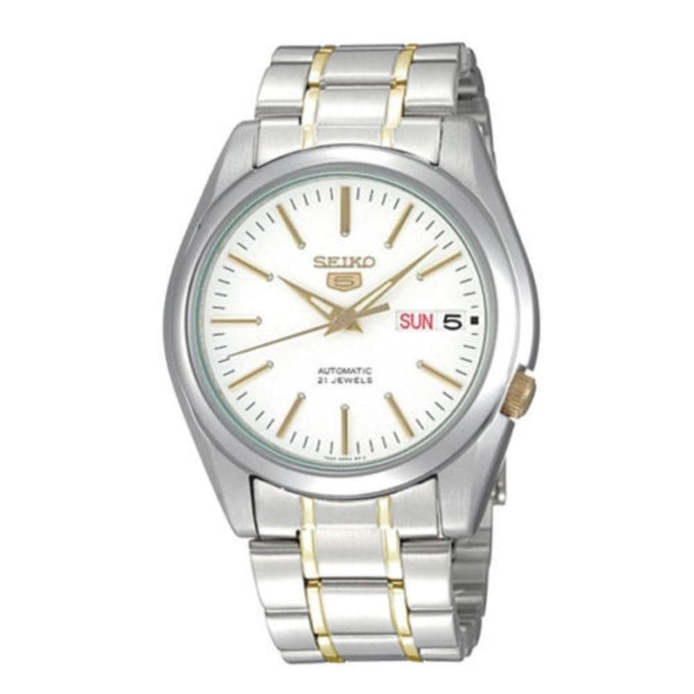 Seiko 5 Classic Mens Size White Dial 2 Tone Gold Plated Stainless Steel Strap Watch SNKL47K1 - Diligence1International