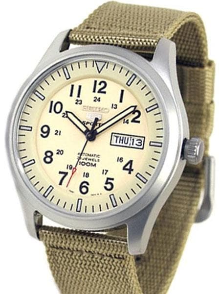Seiko 5 Sports Military 100M Automatic Men's Watch Creme Tan Canvas Nylon Strap SNZG07K1 - Diligence1International