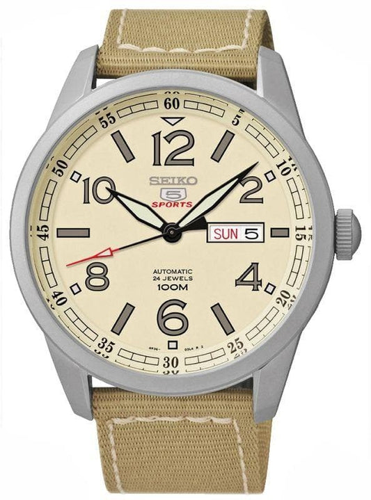 Seiko 5 Sports Military 100M Automatic Men's Watch Creme Tan Canvas Nylon Strap SRP635K1 - Diligence1International