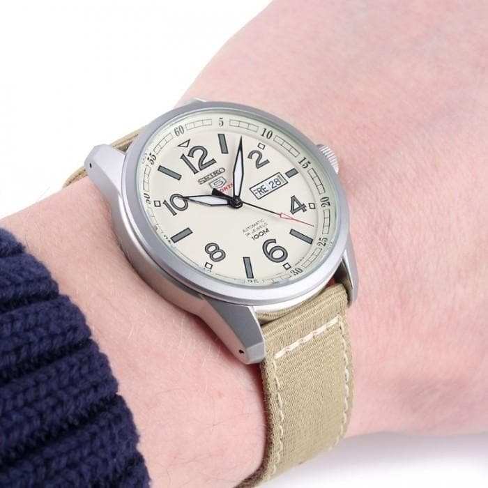 Seiko 5 Sports Military 100M Automatic Men's Watch Creme Tan Canvas Nylon Strap SRP635K1 - Diligence1International