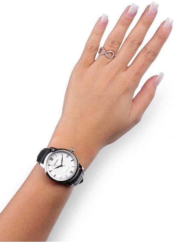 Seiko JAPAN Made Pre- Presage Silver Dial Ladies' Black Leather Strap Watch SRP861J1 - Diligence1International